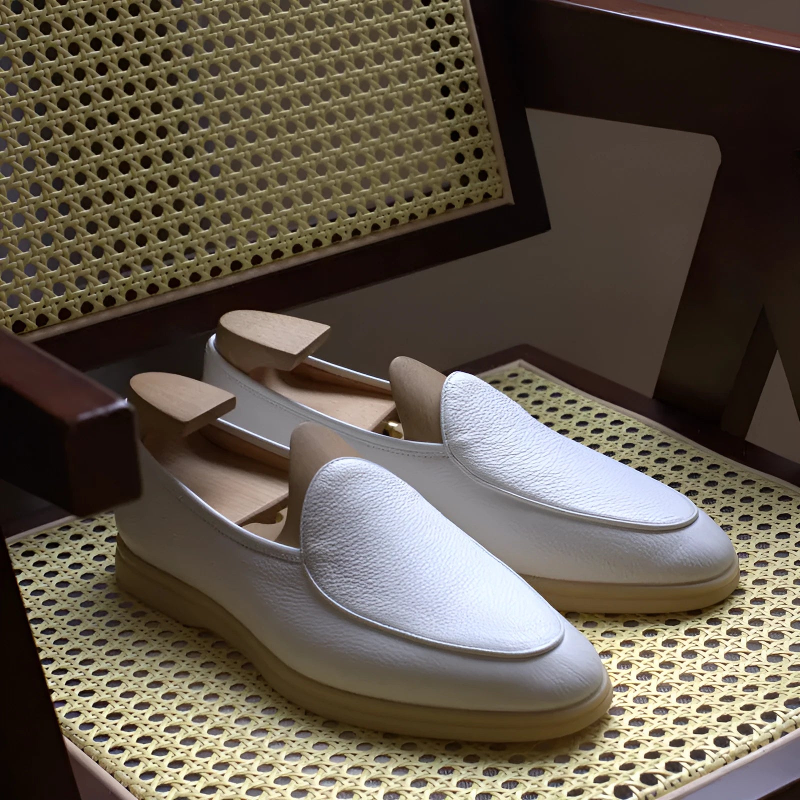 British handmade men's leather loafers in brown with a low-tube sock design and TPR sole.