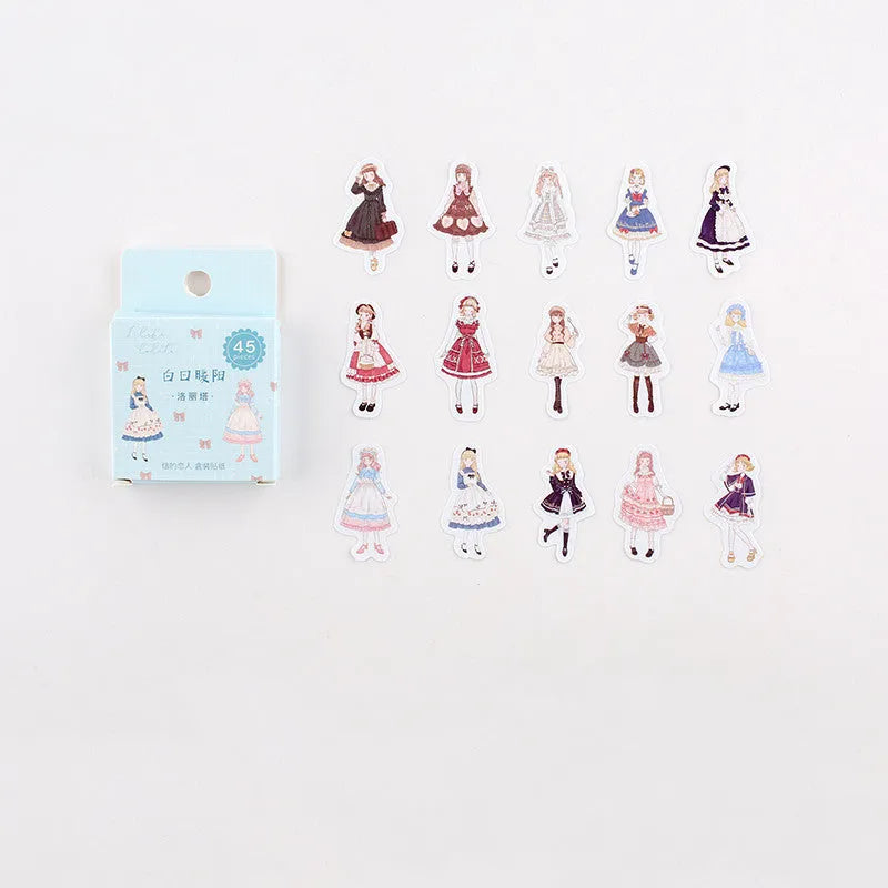 Boxed pack of 45 cartoon paper stickers with 15 patterns in 43x43mm size, featuring cute fruit designs