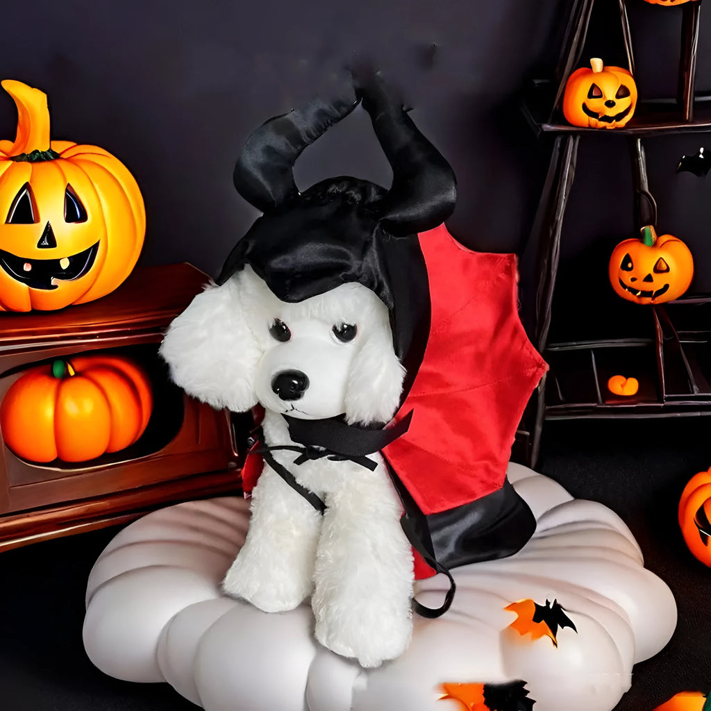 Halloween costume on a pet showing a red bat cloak and pointed devil hat.