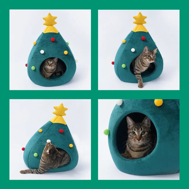 Felt Christmas tree shaped cat bed in picture colour, available in three sizes from 48 to 65 cm