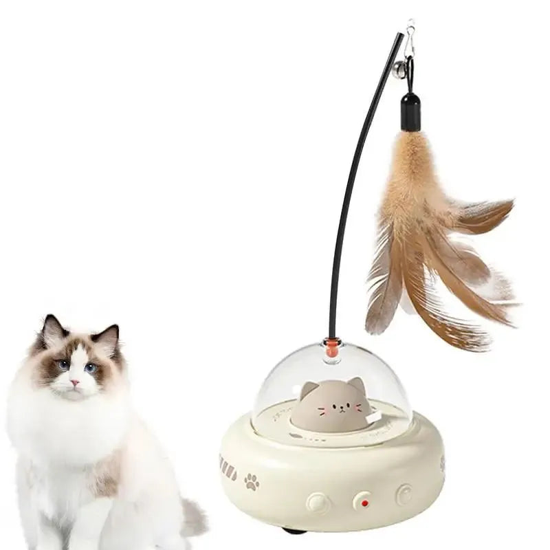 Electric cat interactive toy with pink feather wand and red light beam on a white floor