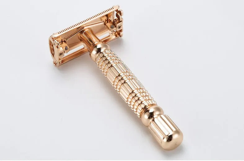 Rose gold chrome plated alloy double edge safety razor with butterfly mechanism in storage box with mirror
