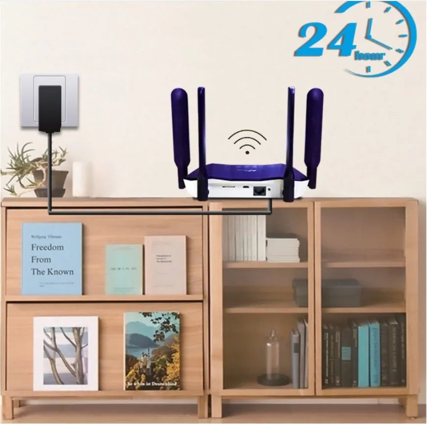 Blue 4G dual mode wireless and wired router with four antennas, dimensions 153x137x21mm
