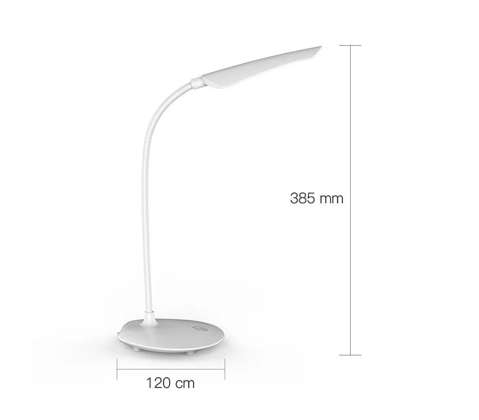 White LED desk lamp with touch control and USB charging, compact simple design on desk