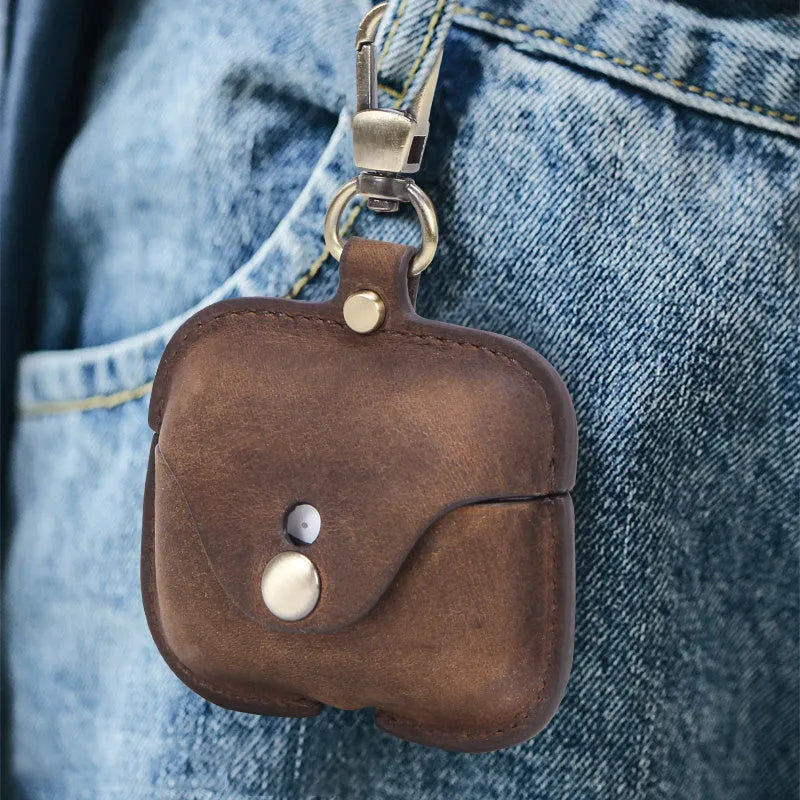 Brown leather AirPods Pro clamshell case with crazy horse pattern texture