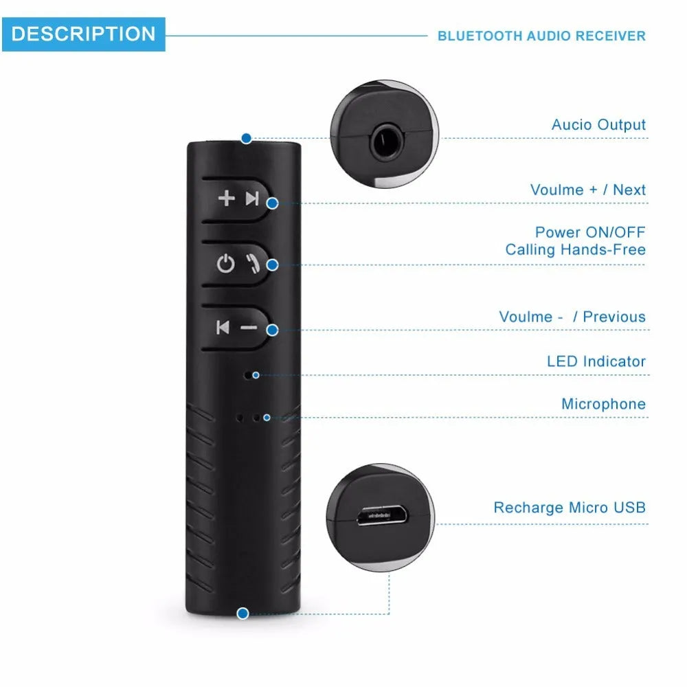 Black Bluetooth audio receiver car kit with 3.5mm jack for wireless music and hands-free calls