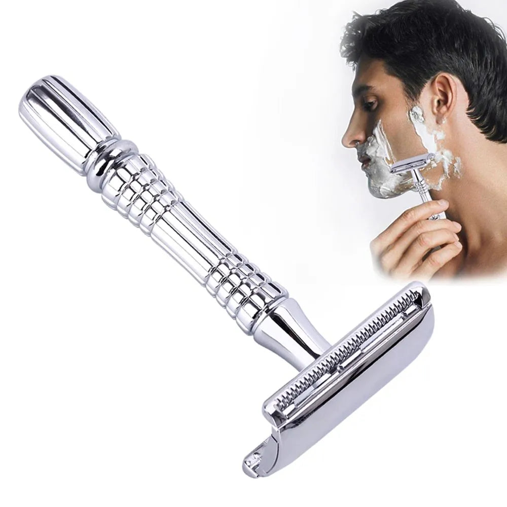 Silver grey safety double edge razor with non-slip handle and closed comb head