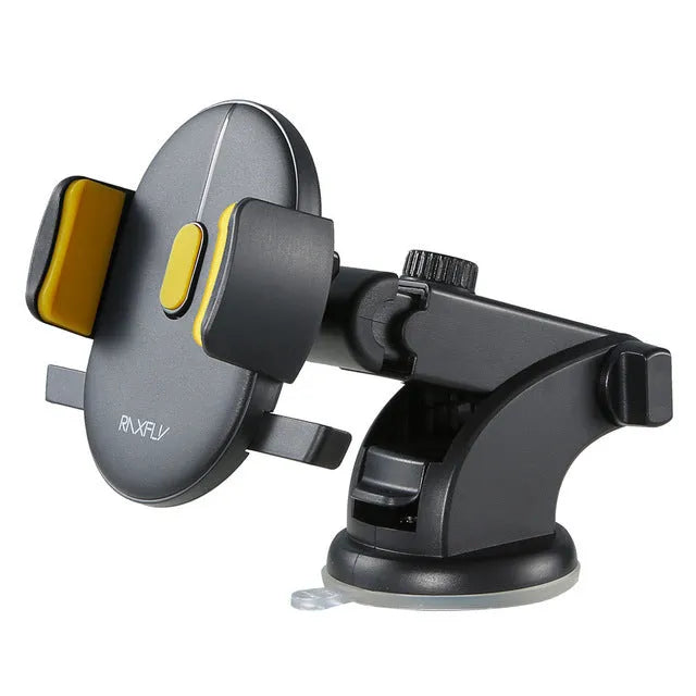 Car phone holder with black suction cup and telescopic arm on car dashboard