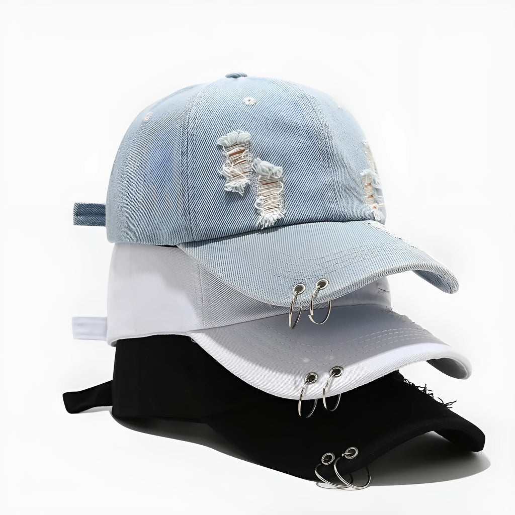 Men's adjustable denim peaked cap in black with dome crown and street style design
