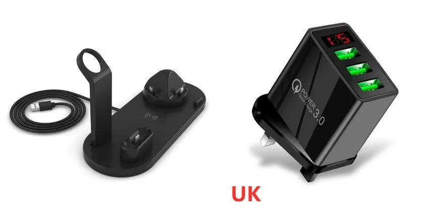 4 in 1 wireless charger stand for iPhone Samsung iWatch AirPods in black silicone material with 360 degree rotating dock