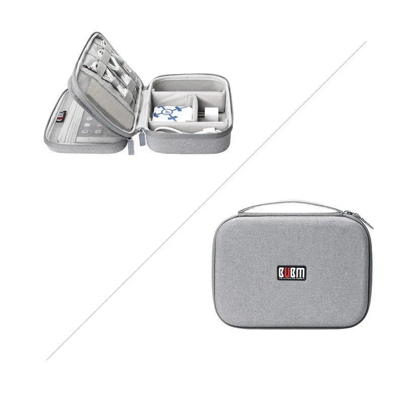 Simple modern EVA digital storage organiser bag for headphones and cables, shown in black or grey.