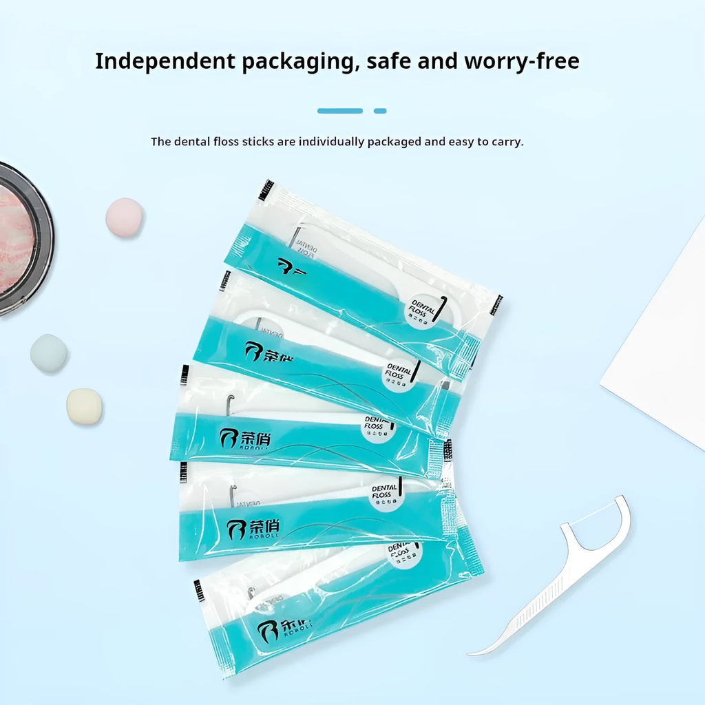Independently packaged dental floss in portable plastic bag with high tensile strength