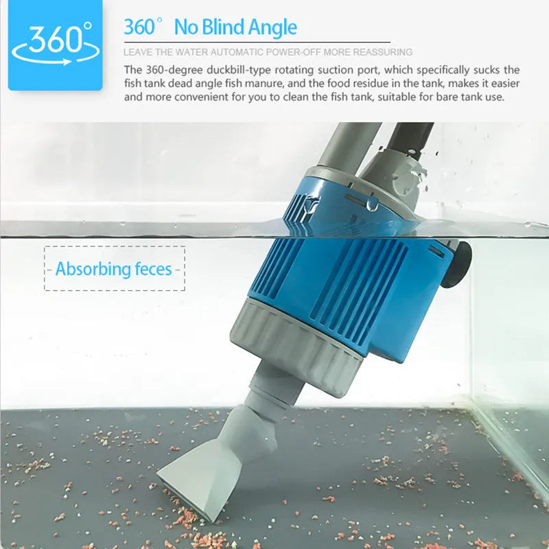 Electric aquarium water changer gravel cleaner with hose and attachments on a fish tank