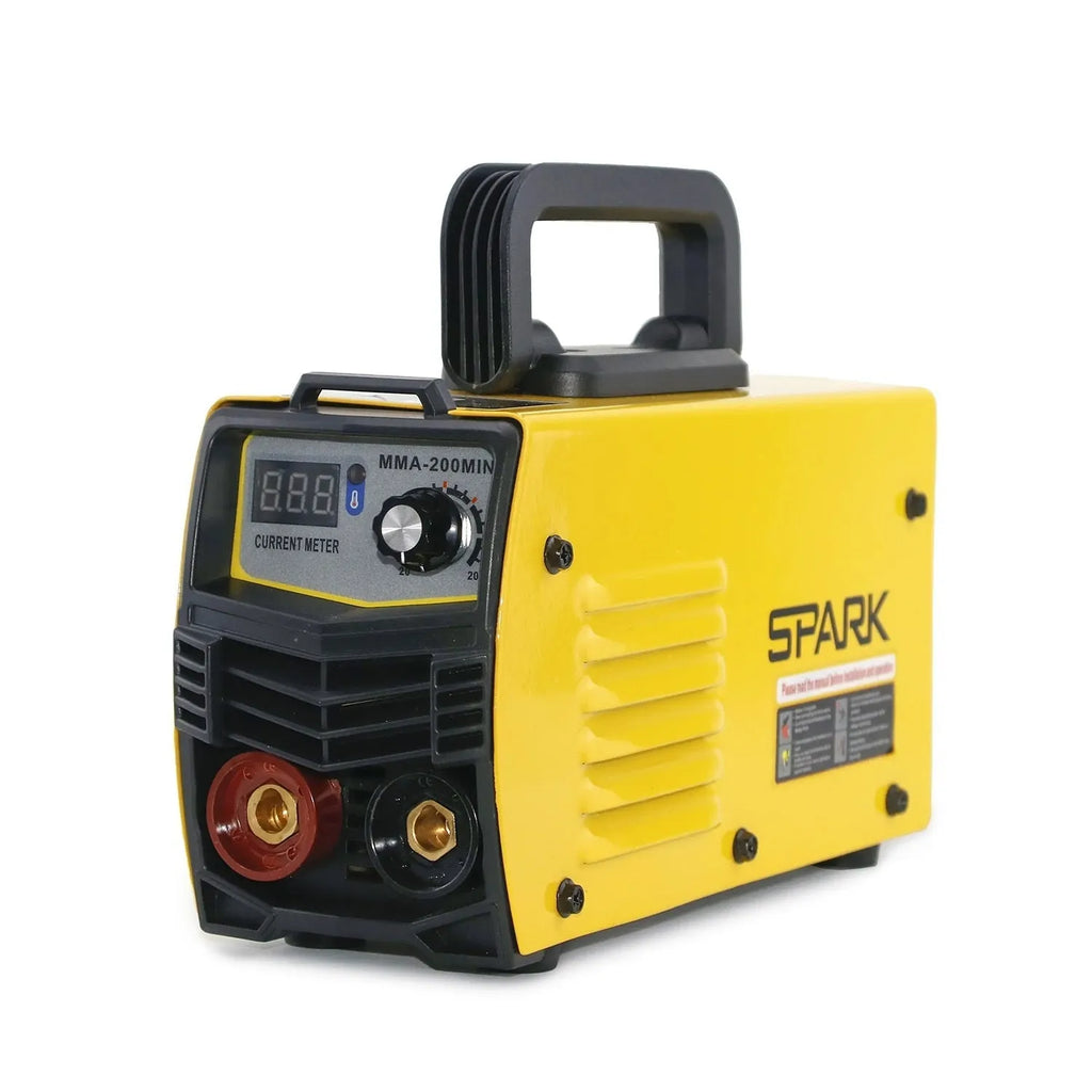 MMA-200MIN 220V DC inverter welding machine with welding tongs, clamps, face shield, and brush hanger