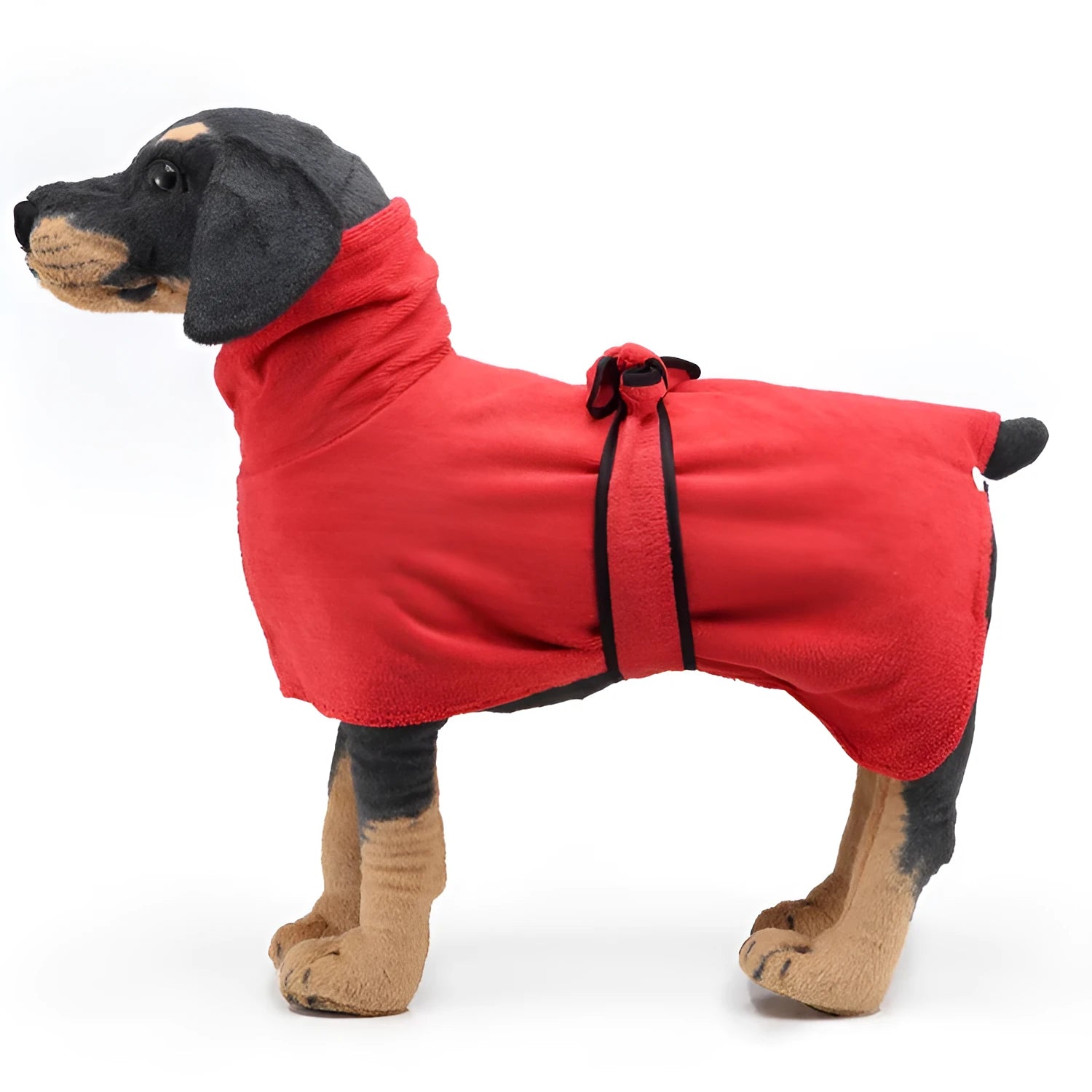 Strong absorbent dog towel pet bathrobe in blue on a dog, showing adjustable belt and Velcro neckline