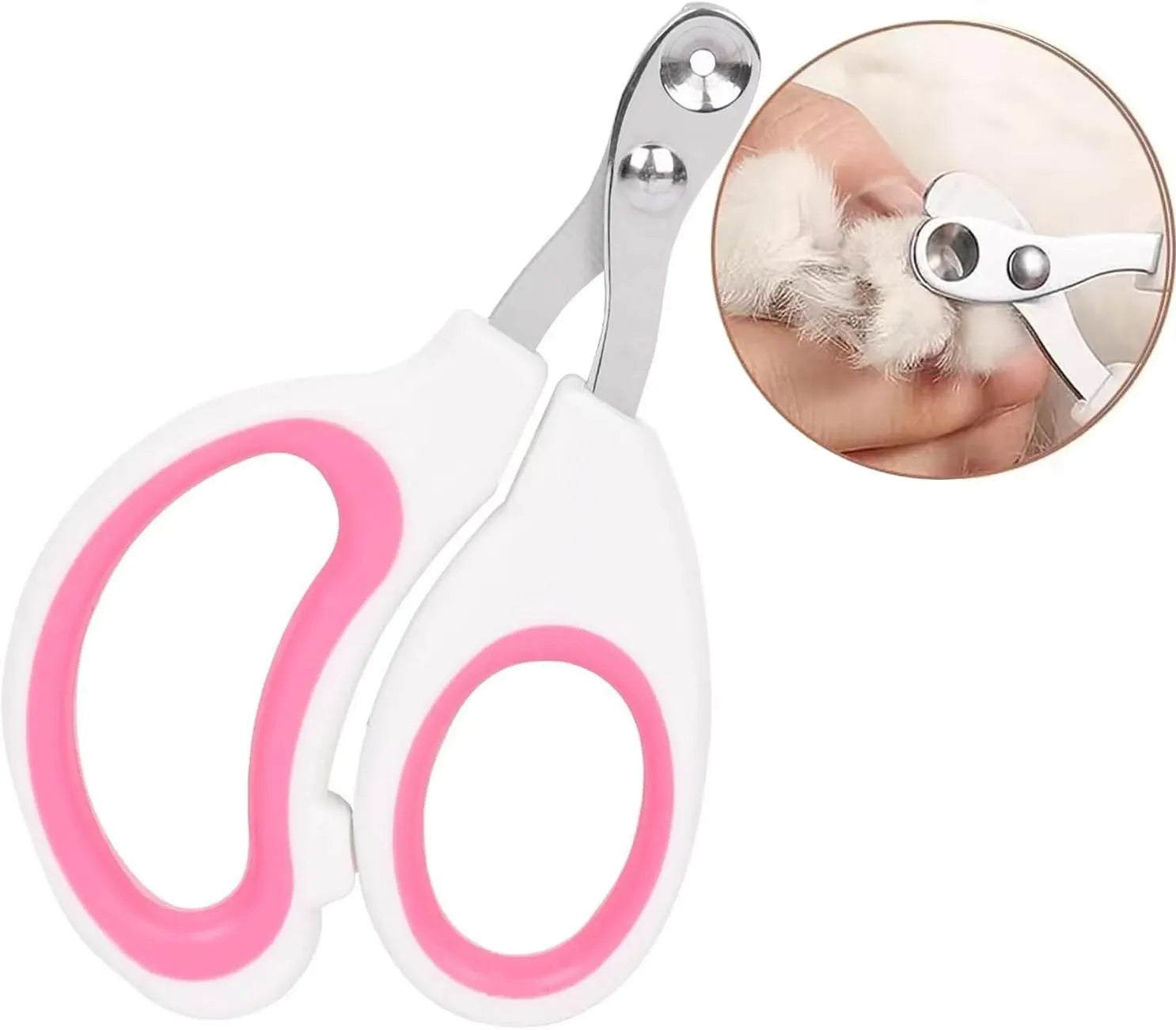 Blue pet nail clippers with circular hole design and cushioned handle on a white background.