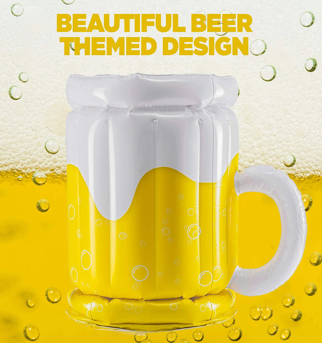 Large yellow inflatable beer mug cooler pool float with drinks, shown in a swimming pool.
