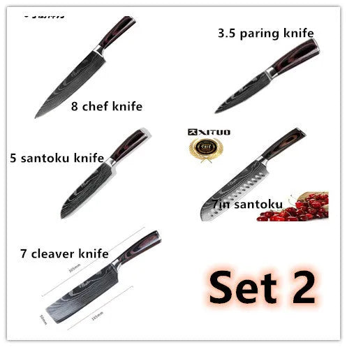 7Cr17 stainless steel kitchen knife with laser Damascus pattern blade and coloured wood handle