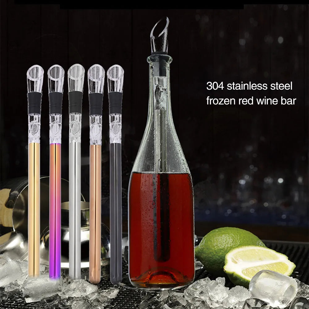 Stainless steel wine bottle cooler stick with acrylic pourer, shown in silver finish.