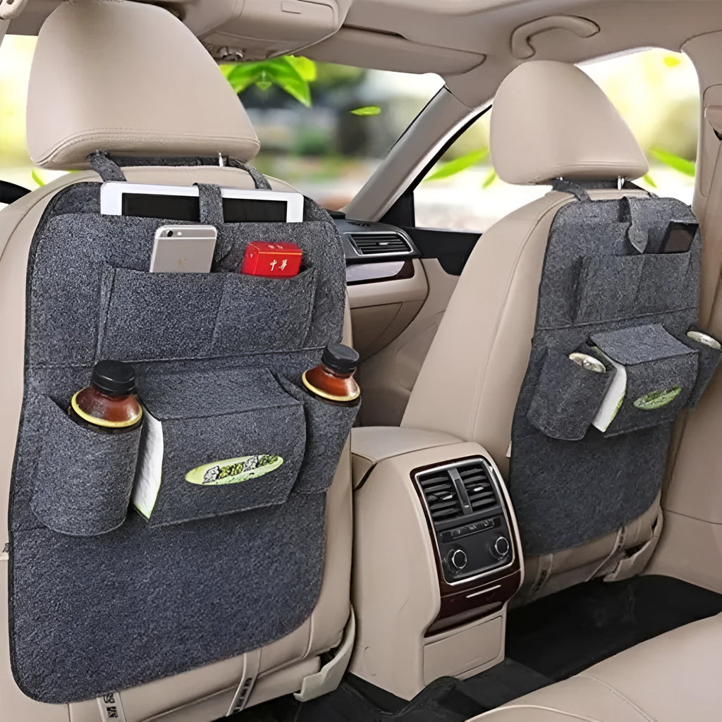 Multi-purpose auto seat organizer bag in wool felt, 33cm x 14cm x 5.5cm, black colour, on car seat back