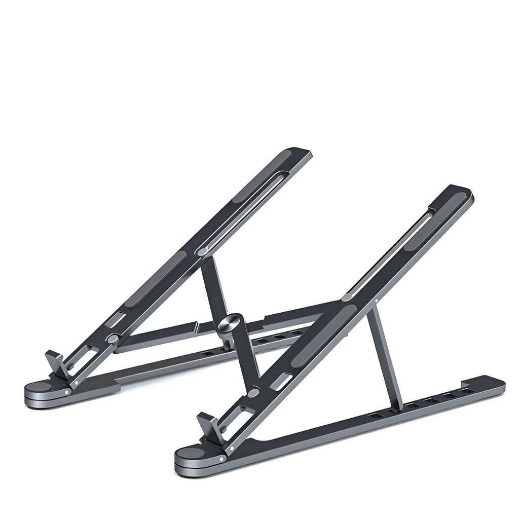 Aluminium alloy laptop stand in folded and extended positions, shown in silver colour.