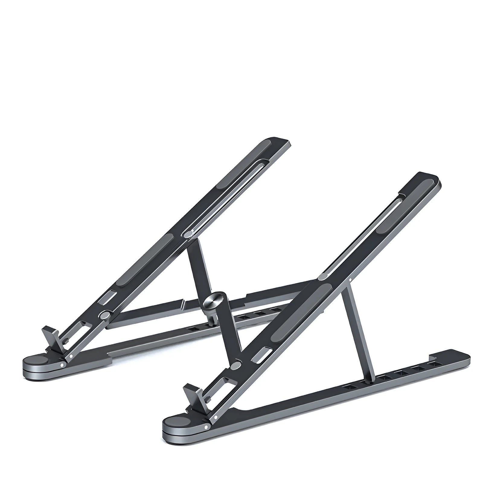 Aluminium alloy laptop stand in folded and extended positions, shown in silver colour.