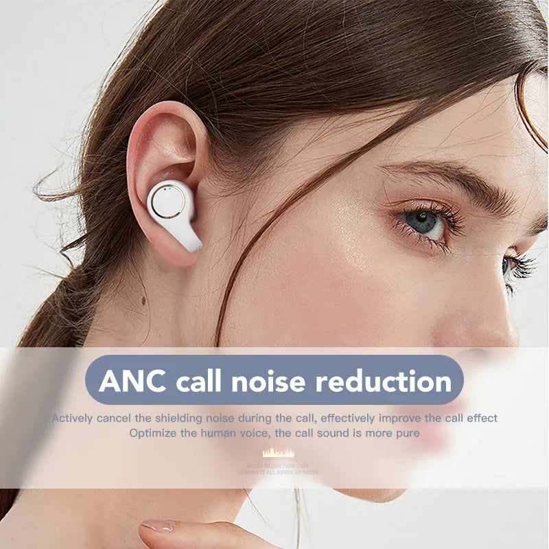 Black and white wireless ANC Bluetooth in-ear headphones with charging case