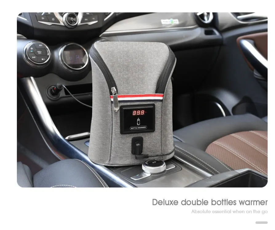 Grey Oxford cloth portable car baby bottle warmer with digital display and car charger