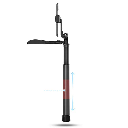 Black aluminium Bluetooth selfie stick extended with phone attached, showing remote control and tripod legs.