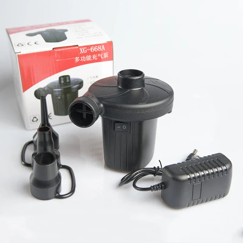 Household electric car air pump dual-use inflator with plastic body, 1m power cord, and 8cm tube on a white background