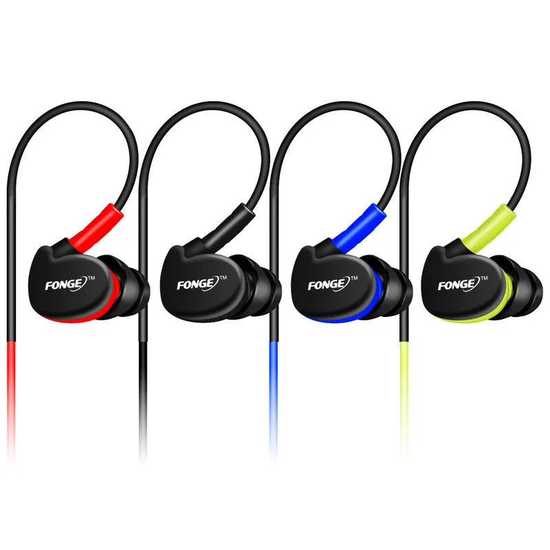 Red ear-hook wired headset with 3.5mm plug and microphone on a 1.2 metre cable.