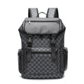 Korean checkered printed black PU leather backpack with curved shoulder straps showing interior polyester lining