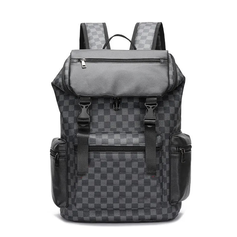 Korean checkered printed black PU leather backpack with curved shoulder straps showing interior polyester lining