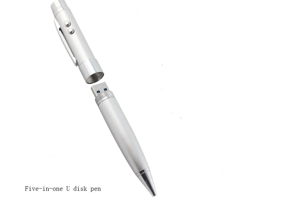 Black multi-function USB pen with metal shell and laser pointer on a white background