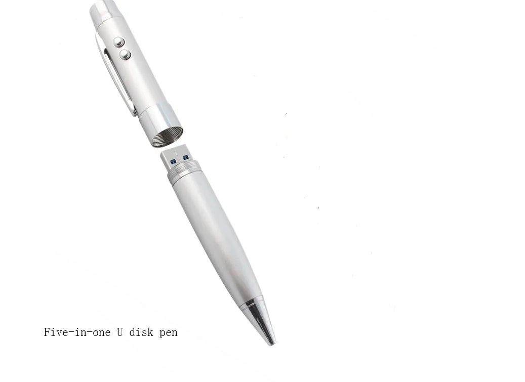 Black multi-function USB pen with metal shell and laser pointer on a white background