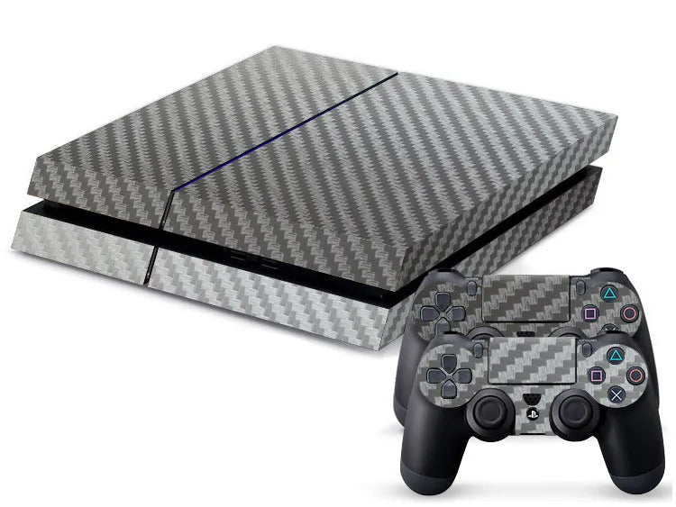 Black carbon fibre vinyl skin sticker for PlayStation 4 console on a white background.