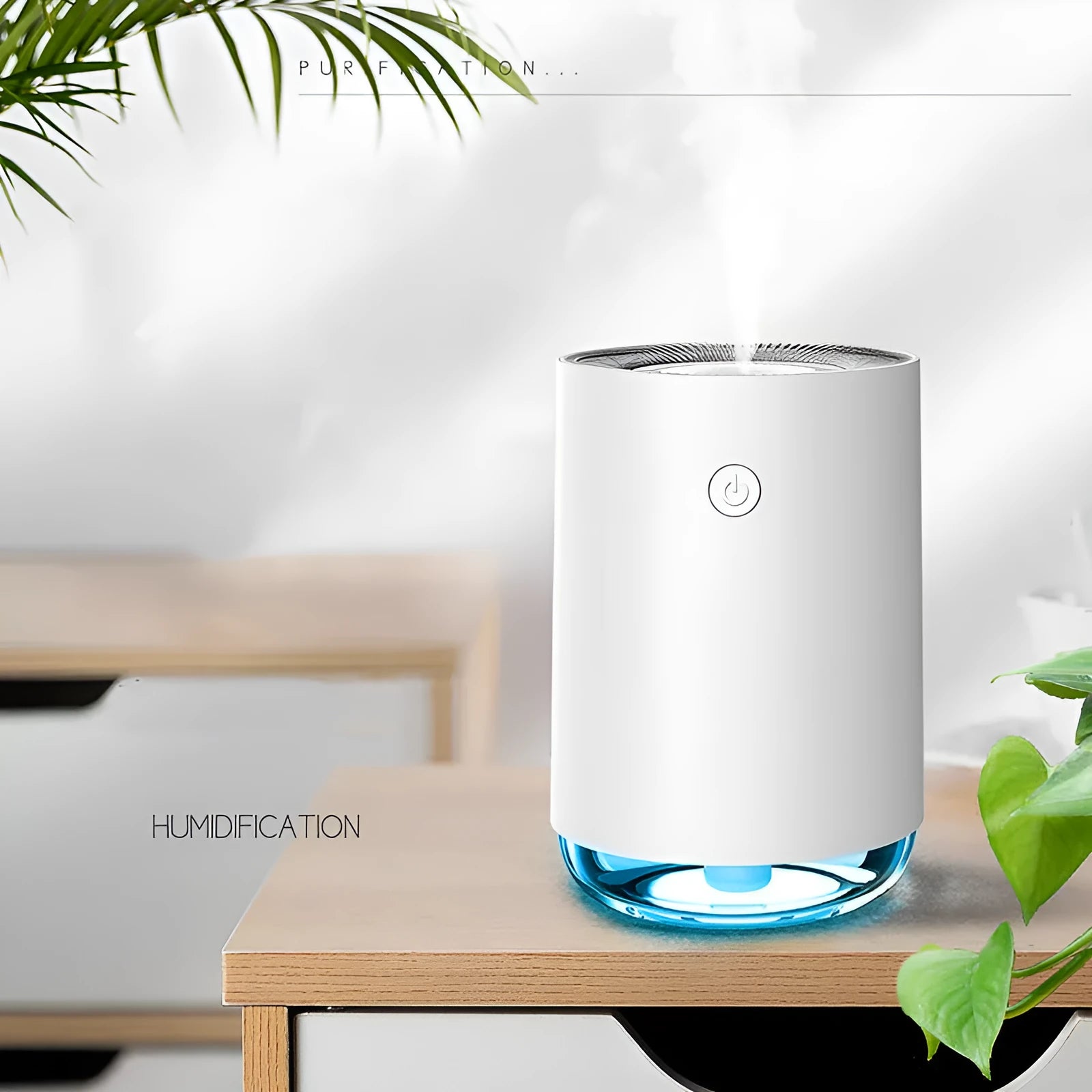 Green night light humidifier diffuser with coloured LED illumination and mist output