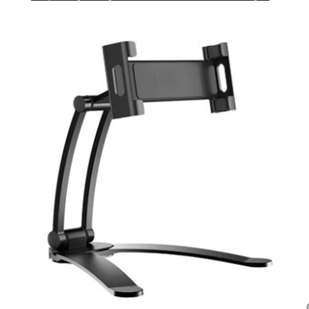 Silver aluminium alloy desktop tablet stand with adjustable holder and white mounting base on a wooden table.