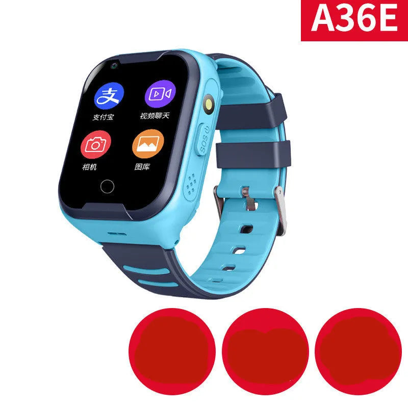 Blue children's smart watch with a 1.44-inch screen on a silicone strap, showing GPS and video call icons.