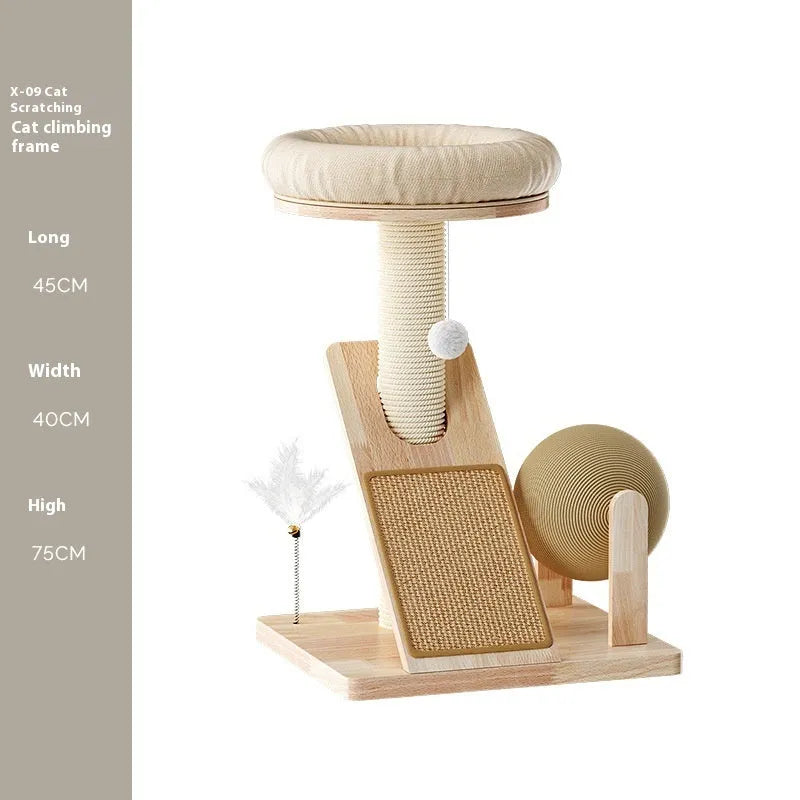 Natural jute coloured cat climbing frame with sisal scratching posts and soft fabric hammock bed