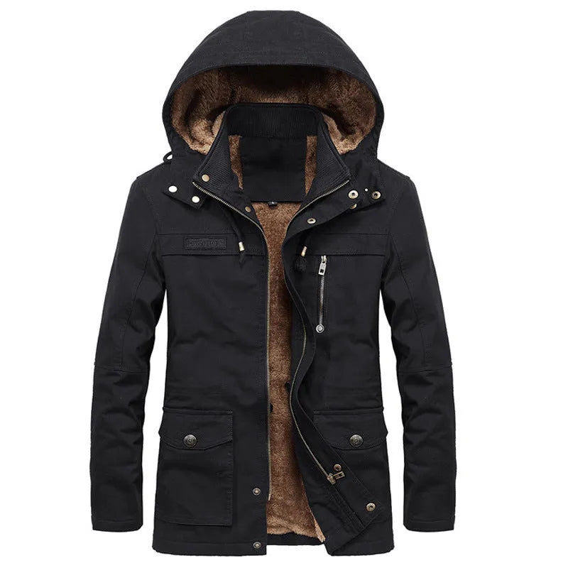 Men's thickened winter jacket in khaki with stand-up collar and zip front, loose fit casual style