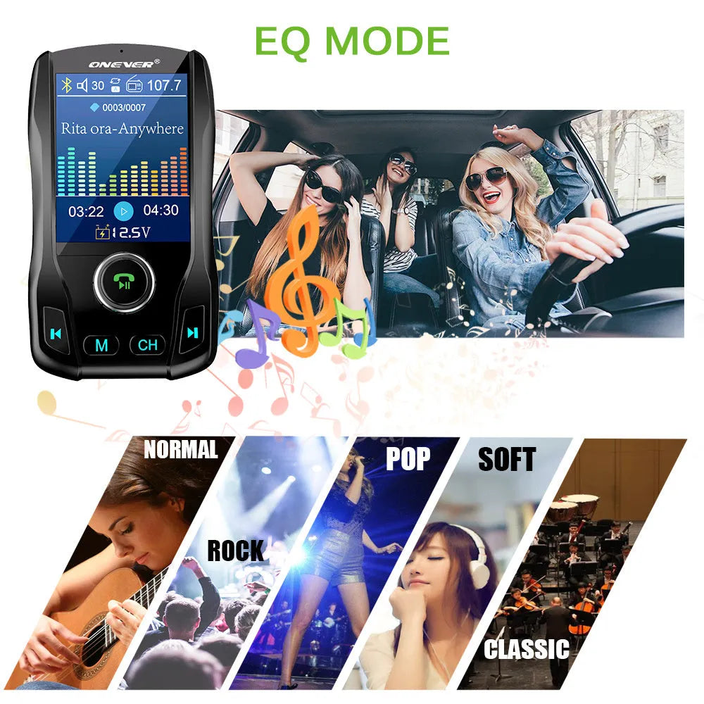 Black Bluetooth car FM transmitter with colour screen and dual USB ports plugged into a car dashboard.