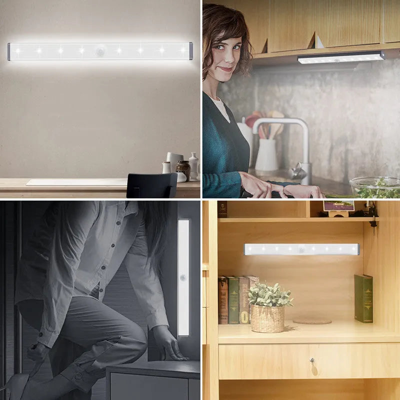 Silver aluminium magnetic LED closet light with motion sensor and USB charging port.