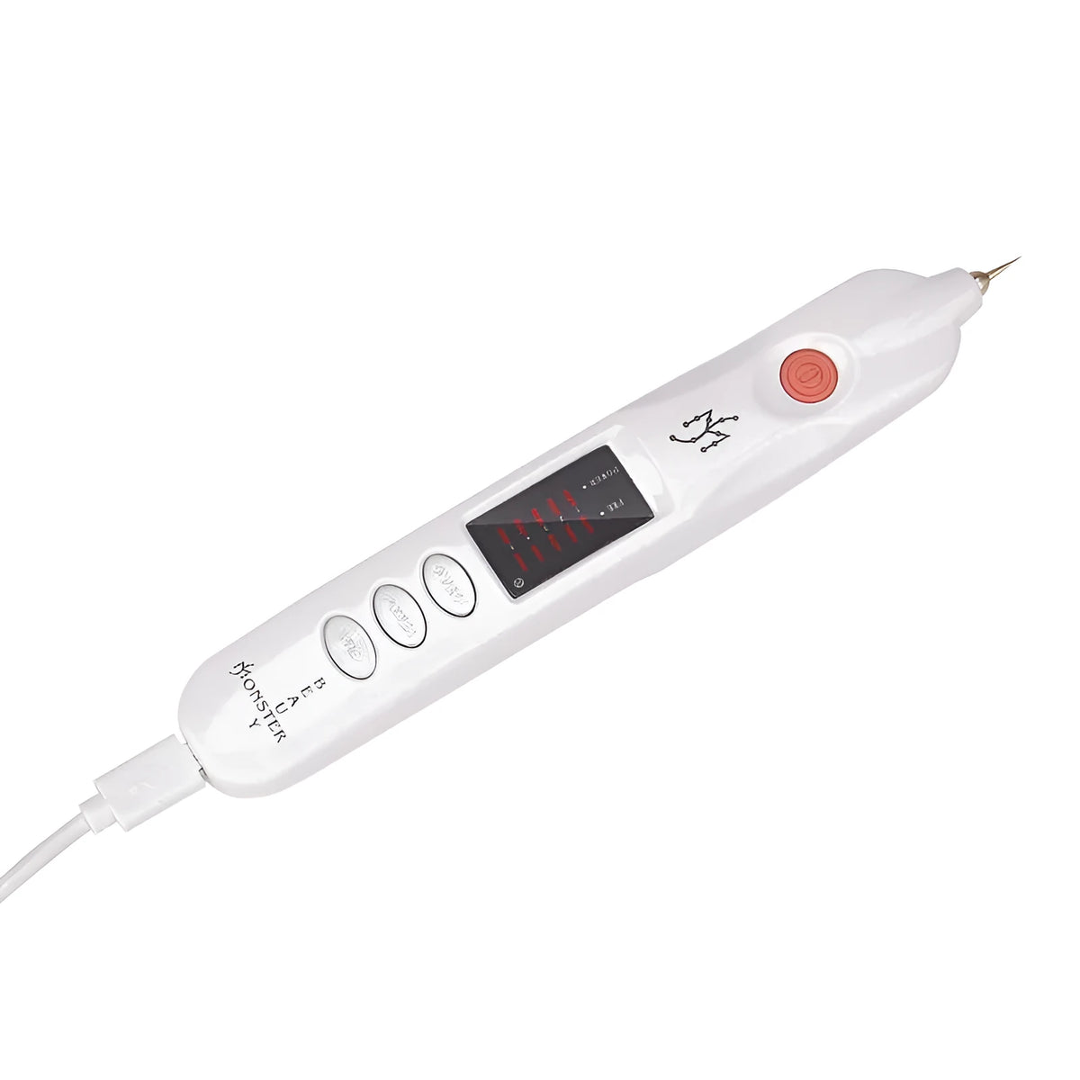 White beauty instrument facial massager with ABS plastic body and control buttons for gear selection