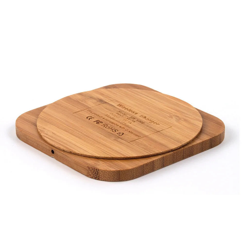 Square bamboo wireless charger showing 92mm dimensions with Qi charging symbol