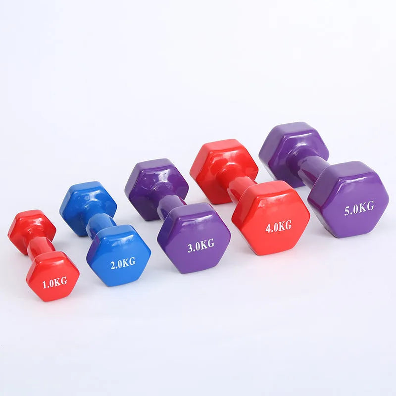 Bright colour plastic-coated fitness dumbbells in 0.5kg, 1kg, and 1.5kg weights for home workouts