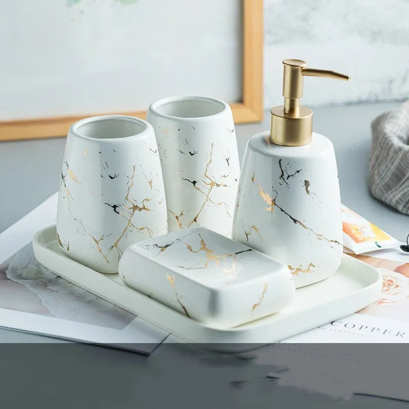 Ceramic bathroom wash set with decal decoration in black, blue and white colour options