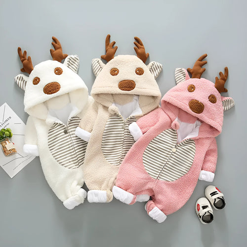 Long sleeve baby romper with lace-up strap closure in khaki, pink, and white colour options