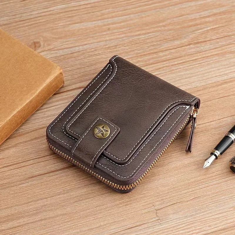 Men's short style two-fold wallet in PU leather showing light brown, black, and dark brown colour options