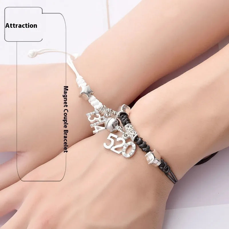 Magnet couple bracelets with electroplated finish showing magnetic clasp and symbolic design options